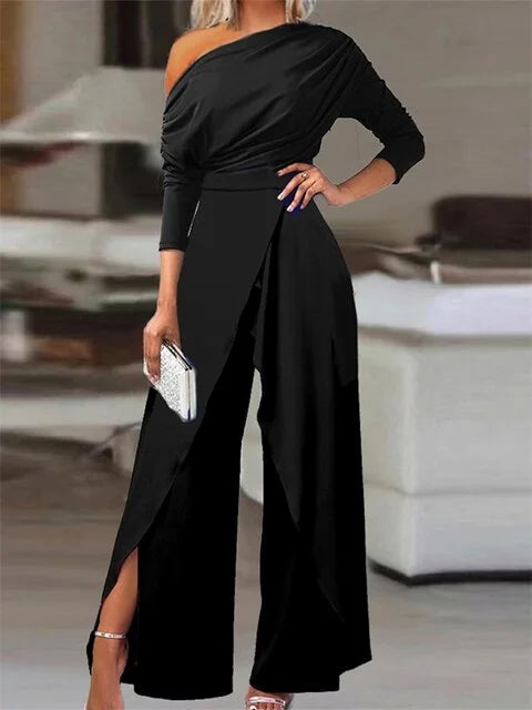 Stylish blue wide leg off-shoulder jumpsuit for women, featuring an elegant design perfect for any special occasion.