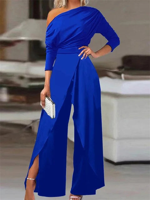 Chic black off-shoulder wide leg jumpsuit for women, ideal for cocktail parties, evening events, & formal occasions.
