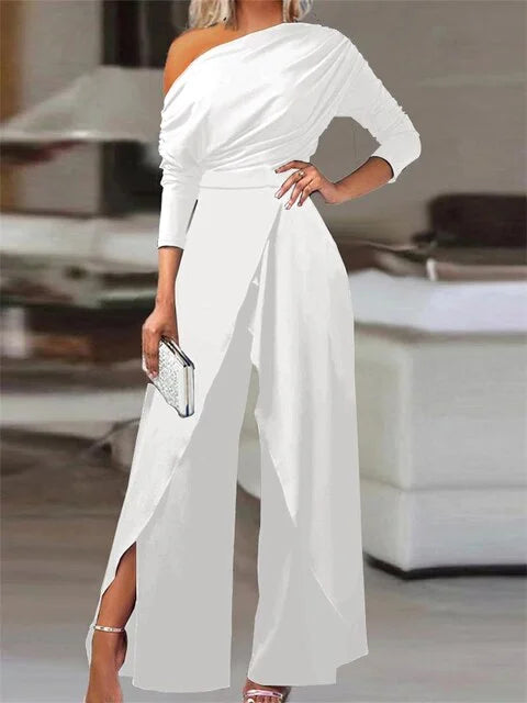 Elegant women's off-shoulder wide leg jumpsuit in a chic solid color, perfect for formal evening wear & parties.
