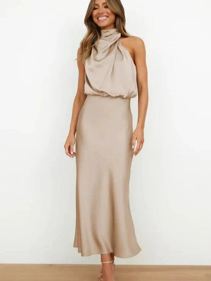 Elegant women's off-shoulder midi cocktail dress, perfect for parties and formal events.