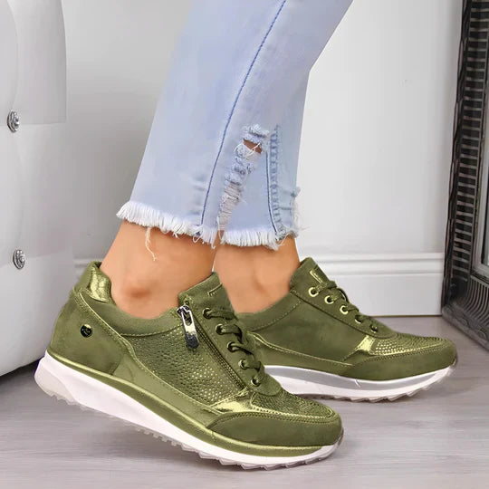 "Women's orthopedic athletic sneakers with non-slip soles, breathable mesh, cushioned insoles, lace-up design, blue and gray"