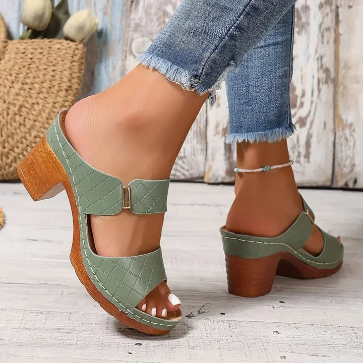 Women's orthopedic platform sandals. Comfortable block heel & sophisticated quilted strap design.