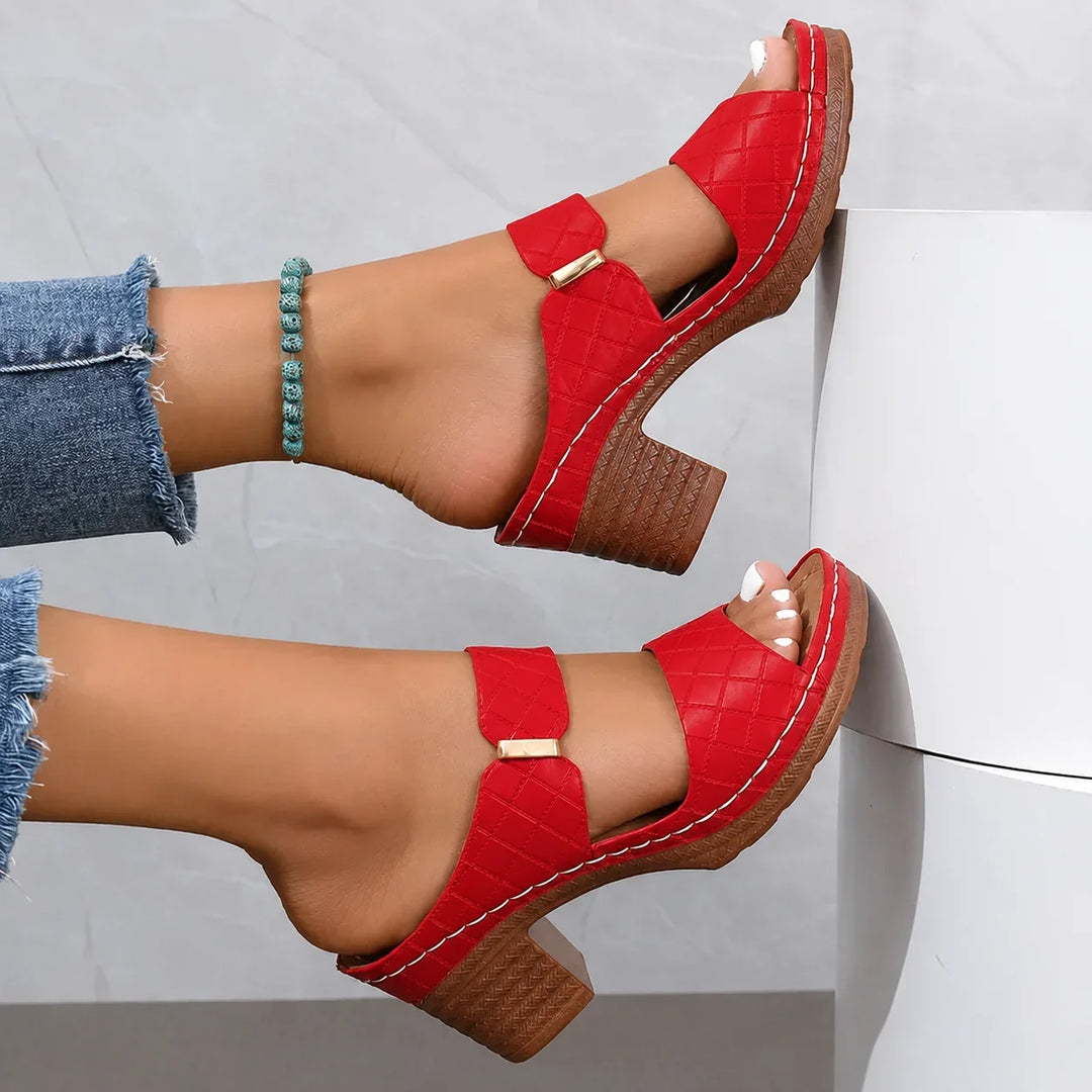 Comfortable & stylish women's heeled sandals with quilted design, orthopedic support & platform heel.