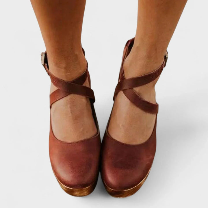 Comfortable women's orthopedic platform sandals, closed toe, with supportive ankle strap buckle for all-day wear.