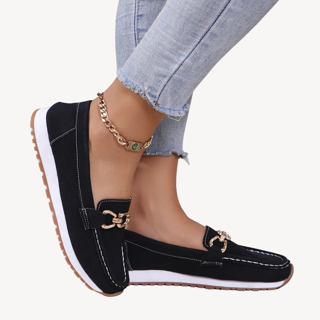 "Women's orthopedic suede loafers with gold chain, non-slip sole, and slip-on design for comfort and style"