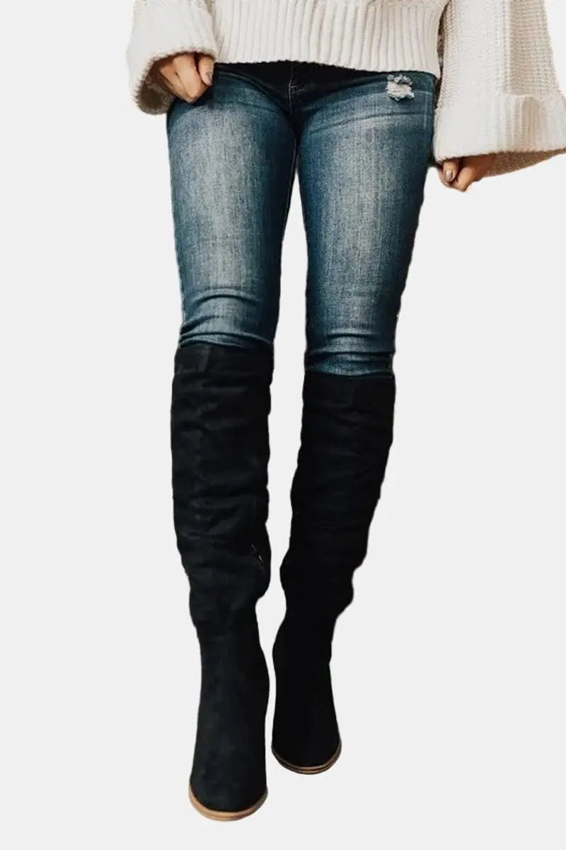 Chic women's over-the-knee block heel boots, perfect for elegant autumn & winter outfits. Comfortable design.