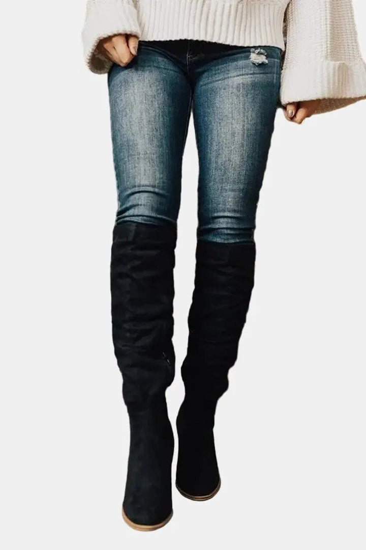 Chic women's over-the-knee block heel boots, perfect for elegant autumn & winter outfits. Comfortable design.