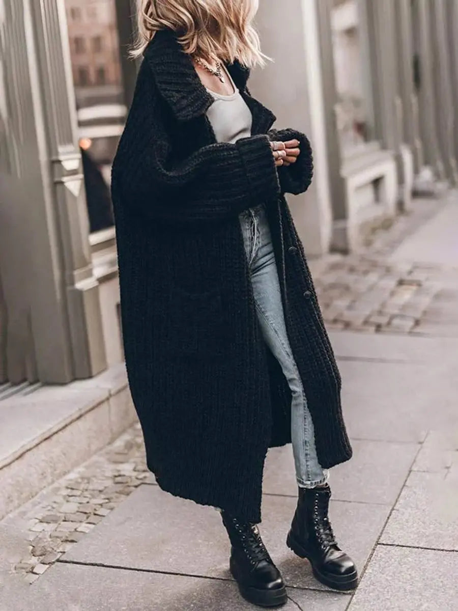 Chic women's oversized longline cardigan, a cozy layering piece with lapels for autumn & winter.