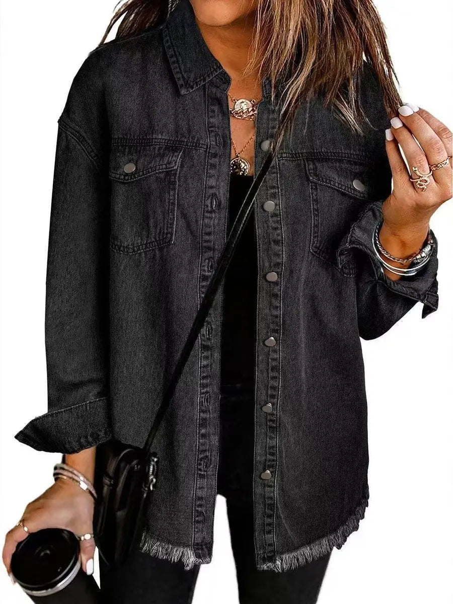 Women's oversized longline jacket with raw hem & snap buttons, perfect casual outerwear for everyday style.