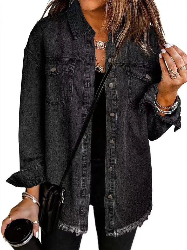 Women's oversized longline jacket with raw hem & snap buttons, perfect casual outerwear for everyday style.