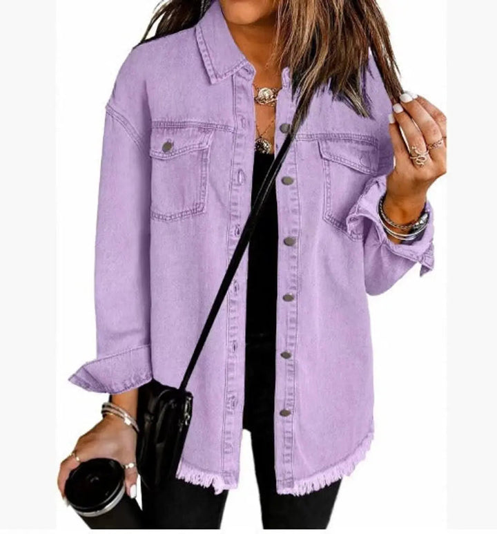Full-length view of a women's oversized longline jacket with raw hem & snap buttons, styled for daily wear.