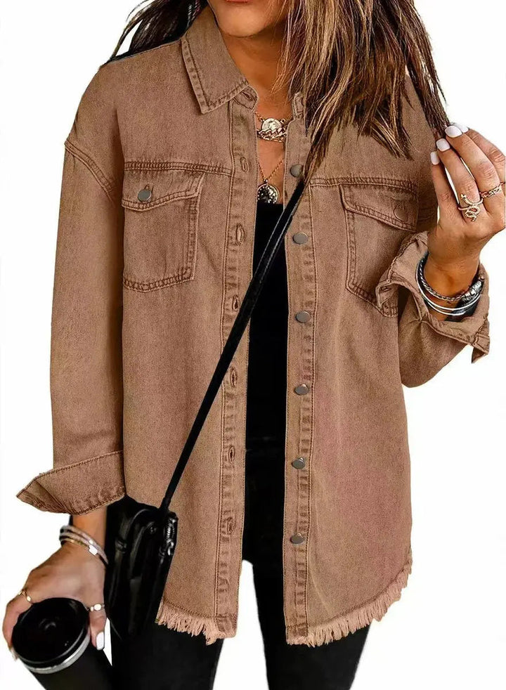 Comfortable women's everyday oversized longline jacket, a casual layering piece with raw hem & snap buttons.