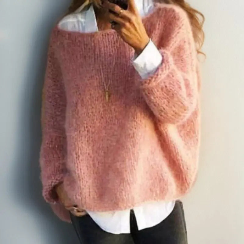Women's cozy oversized mohair blend knit sweater, perfect for relaxed winter fashion & everyday style.