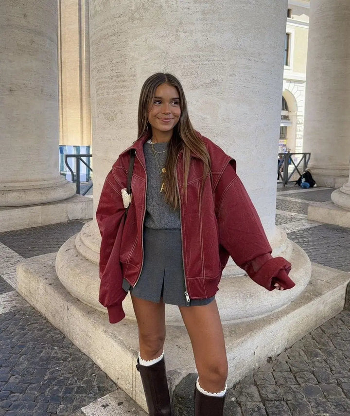 Wine red women's oversized quilted bomber jacket with contrast stitch, perfect for autumn fashion & layering.