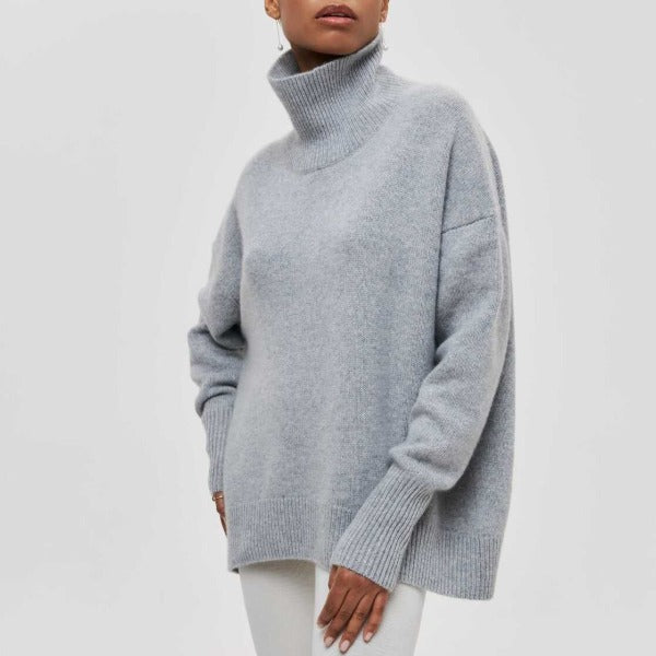 "Women's oversized turtleneck knit sweater jumper, soft knit fabric, cozy turtleneck, oversized fit in classic colors."