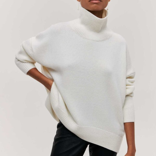 "Women's oversized turtleneck knit sweater jumper, soft knit fabric, cozy turtleneck, oversized fit in classic colors."