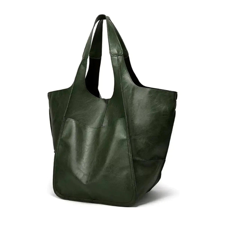 Black women's oversized tote, vegan leather, magnetic snap, essential accessory.
