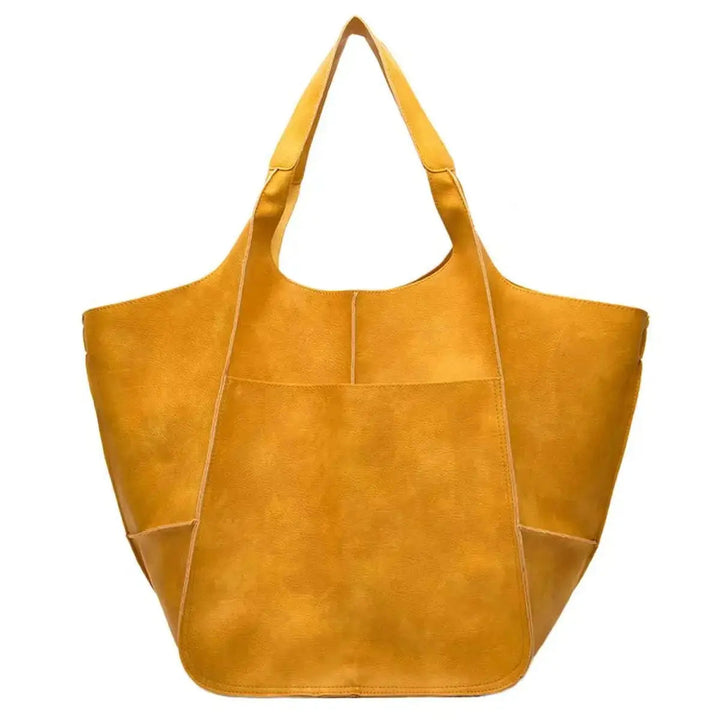 Tan vegan leather shoulder bag, spacious interior, magnetic closure, women's fashion.