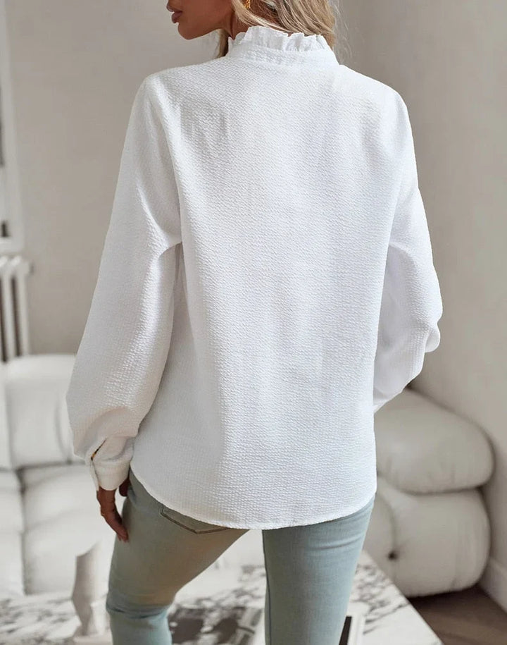 Women's pale blue striped long sleeve blouse, textured fabric, and fashionable ruffled stand-collar.