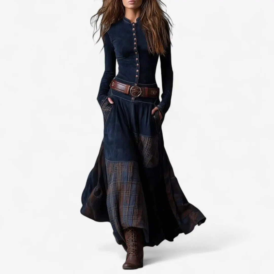 Women's Western Boho patchwork maxi dress with long sleeves and button front. Flowy A-line design for versatile wear.