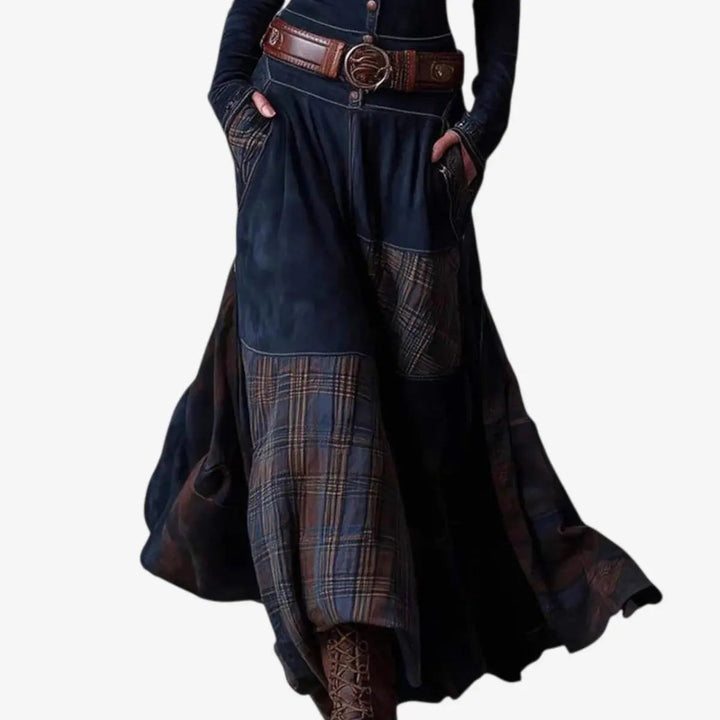 Flowy A-line Western Boho maxi dress for women, with long sleeves and front buttons. Comfortable & casually elegant.