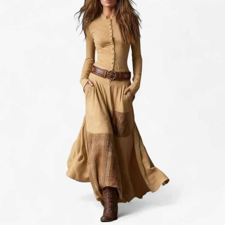 Versatile women's long sleeve patchwork maxi dress. Features button front & flowy A-line silhouette for any occasion.