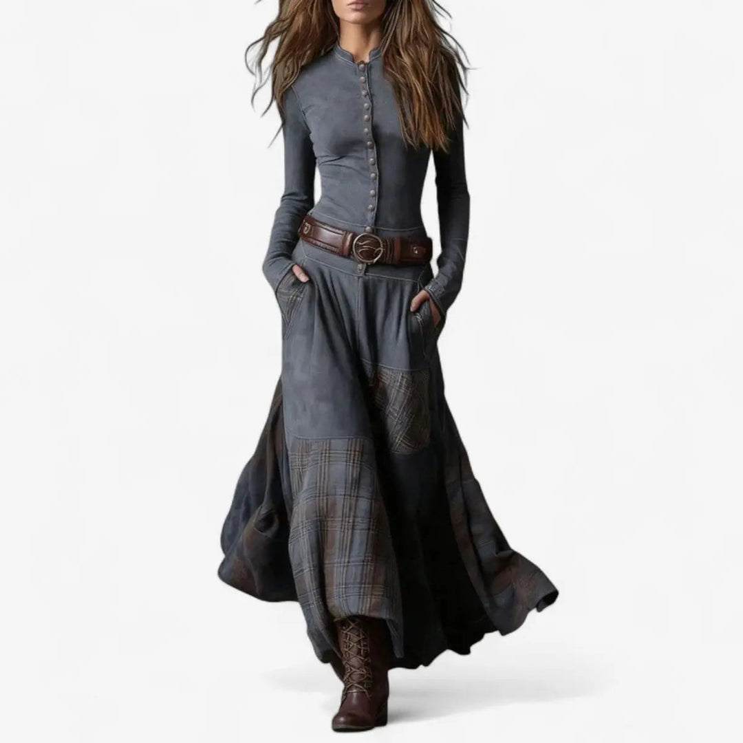 Women's boho patchwork maxi dress with long sleeves and button front. A comfortable, elegant A-line Western style.