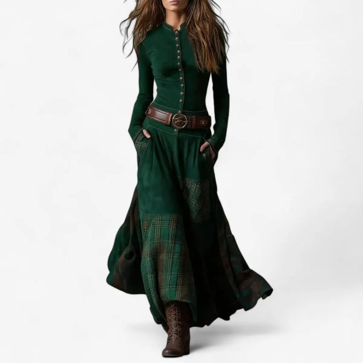 Stylish women's patchwork long sleeve maxi dress. Button-front closure and a flowy A-line cut for a relaxed boho look.