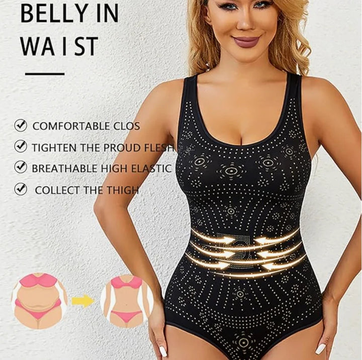 Sleeveless scoop neck perforated shaping bodysuit for women. Seamless, smooth, and comfortable control.