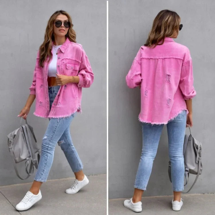 Casual vintage style women's pink jacket with distressed details & trendy frayed hem. Button-front denim outerwear.
