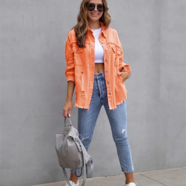 Women's pink distressed denim jacket, perfect casual outerwear with a frayed hem & button-front.
