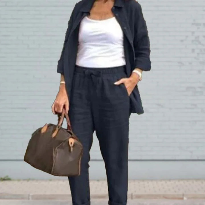 Comfortable pink drawstring denim pants for women, a versatile piece from a casual matching two-piece set.