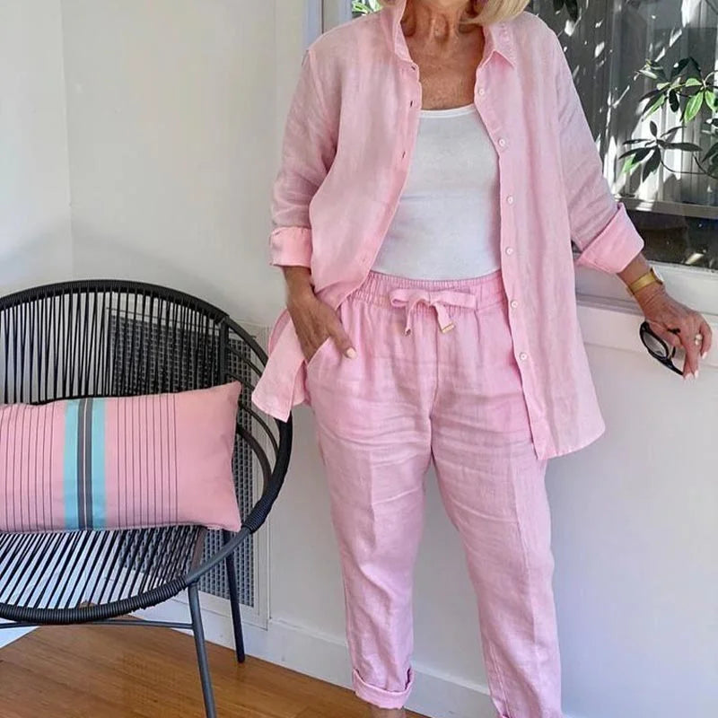 Pink denim two-piece casual set for women, featuring a stylish jacket and comfortable drawstring pants.