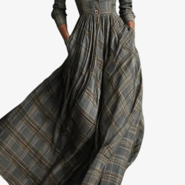 Timeless women's plaid maxi dress with a sophisticated collared v-neck & 3/4 sleeves. Casual yet elegant.