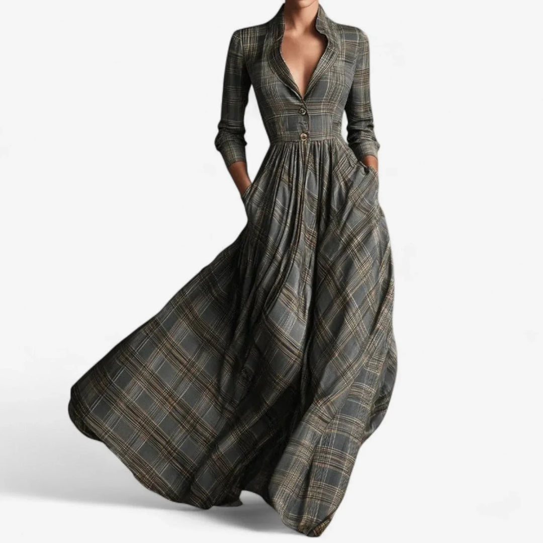 Women's grey plaid maxi dress with collared v-neck, 3/4 sleeves, & button front. Elegant & versatile everyday style.