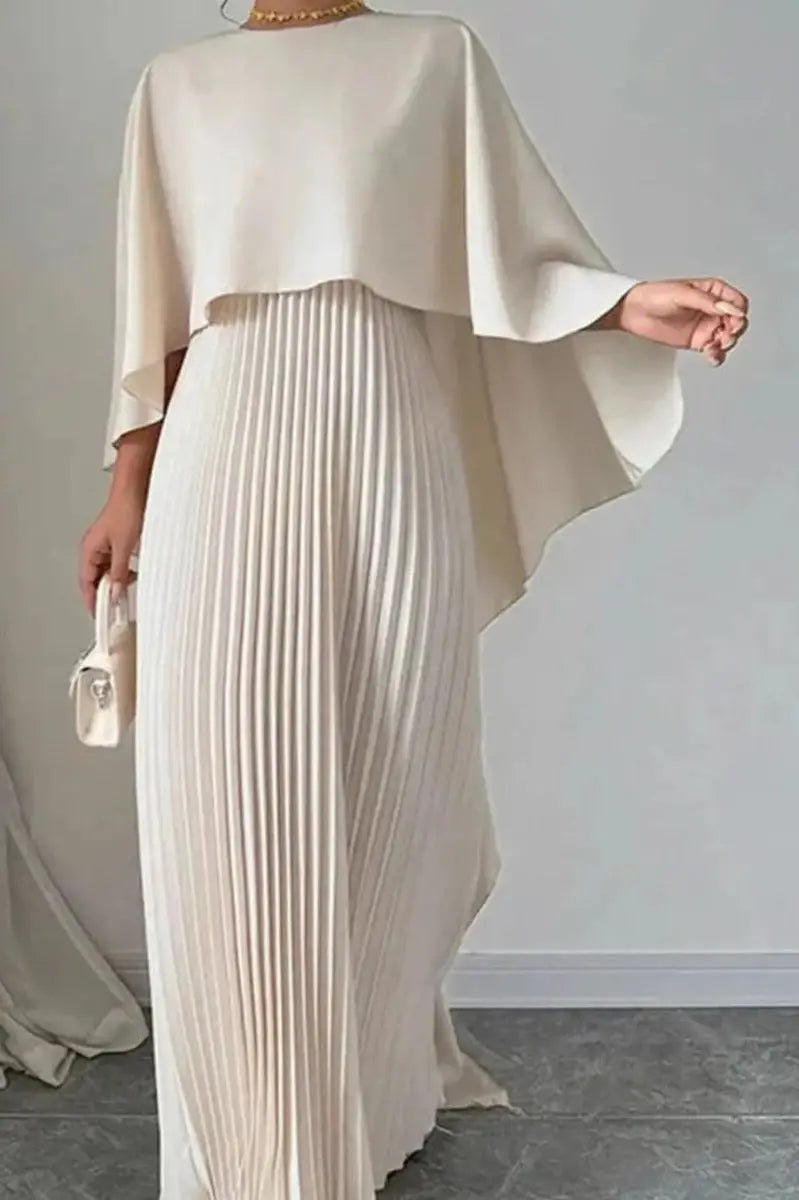 Women's elegant pleated cape maxi evening gown. Perfect formal dress for weddings, galas, or special occasions.