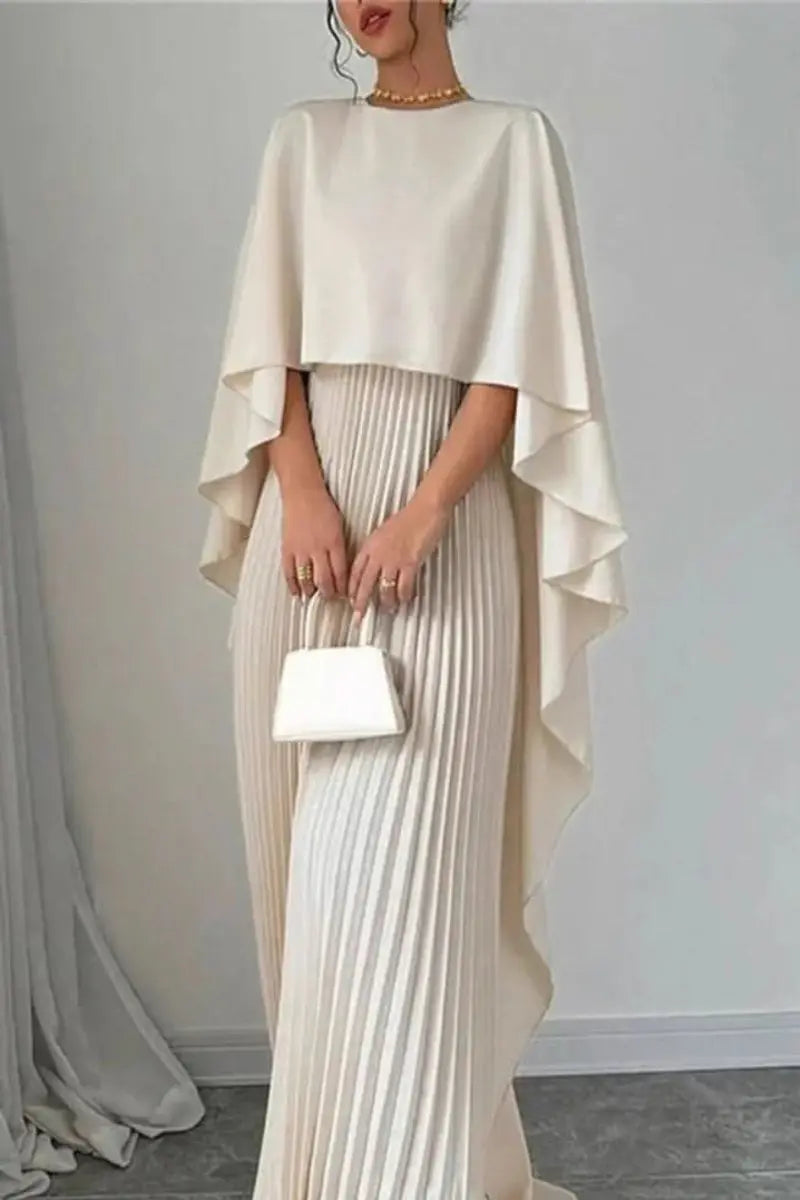 Elegant women's pleated maxi dress with a sophisticated cape design. A stunning formal gown for evening wear.