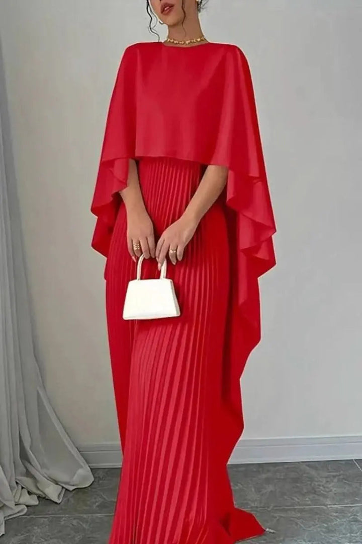 Beautiful women's cape evening gown. Floor-length pleated maxi dress, a chic choice for formal occasions & parties.