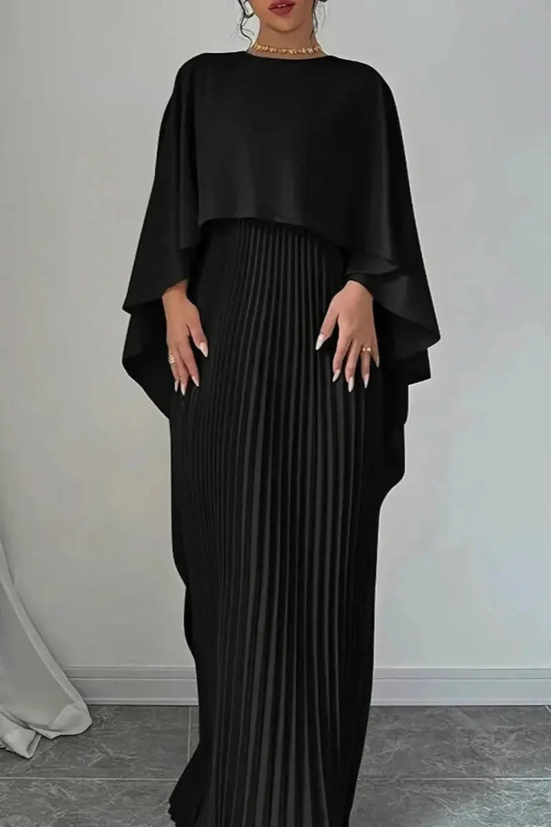 Women's sophisticated pleated maxi evening gown featuring a stylish cape. Perfect formal dress for special events.
