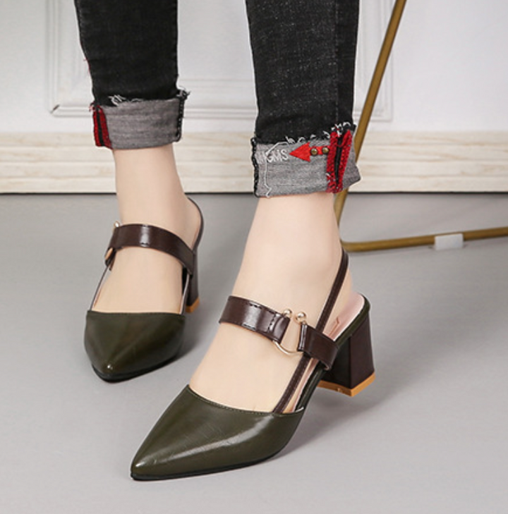 "Women's pointed toe slingback block heels, orthopedic comfort, low block heel, elegant design, versatile footwear."