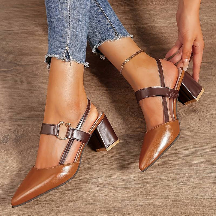 "Women's pointed toe slingback block heels, orthopedic comfort, low block heel, elegant design, versatile footwear."