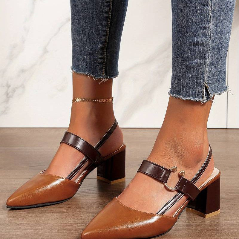 "Women's pointed toe slingback block heels, orthopedic comfort, low block heel, elegant design, versatile footwear."