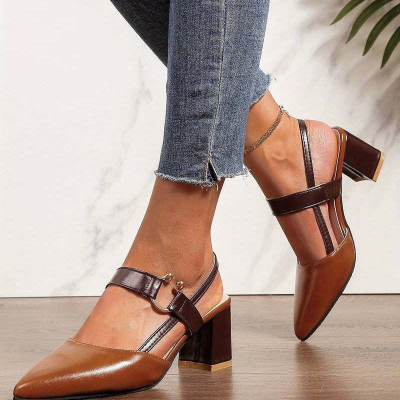 "Women's pointed toe slingback block heels, orthopedic comfort, low block heel, elegant design, versatile footwear."