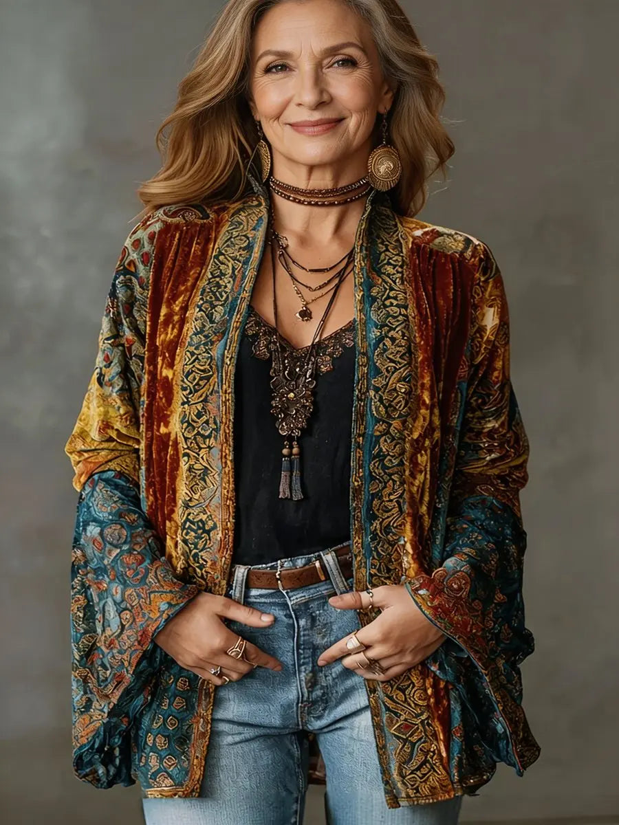Bohemian women's quilted longline jacket with vintage kimono design, ideal for festival fashion & fall outerwear.