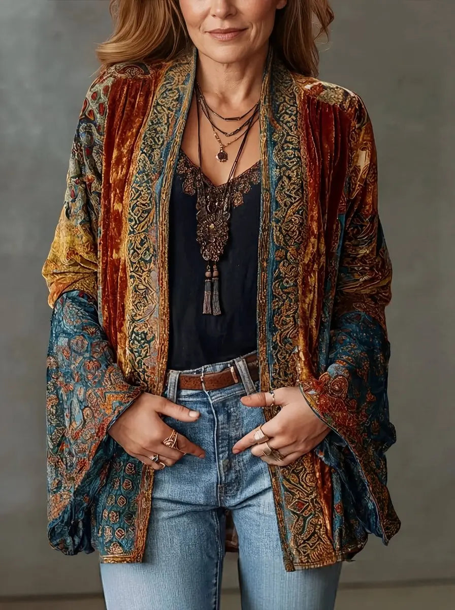 Cozy women's quilted bohemian jacket, a vintage longline kimono outerwear piece for stylish fall & winter layering.