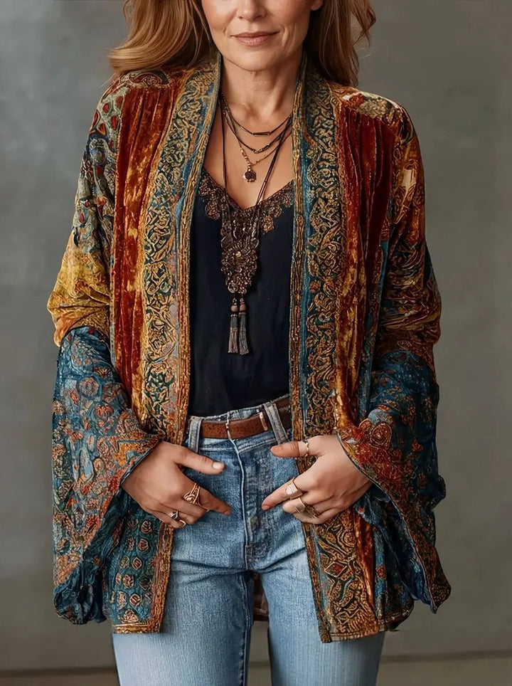 Cozy women's quilted bohemian jacket, a vintage longline kimono outerwear piece for stylish fall & winter layering.