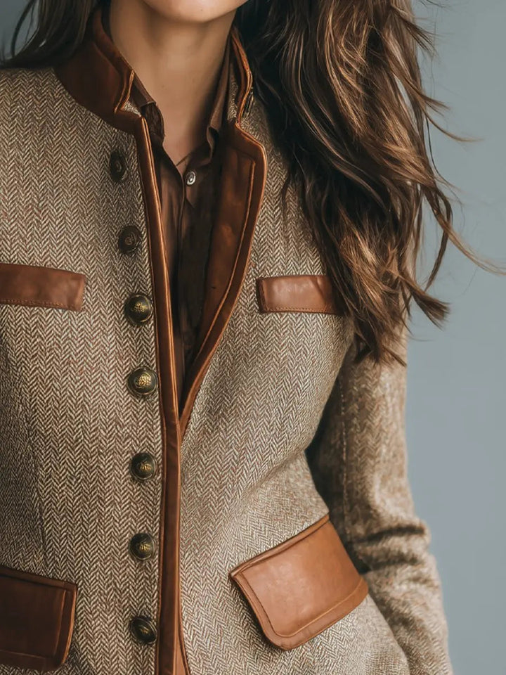 Elegant women's quilted herringbone jacket, a sophisticated button-up outerwear piece for autumn and office wear.
