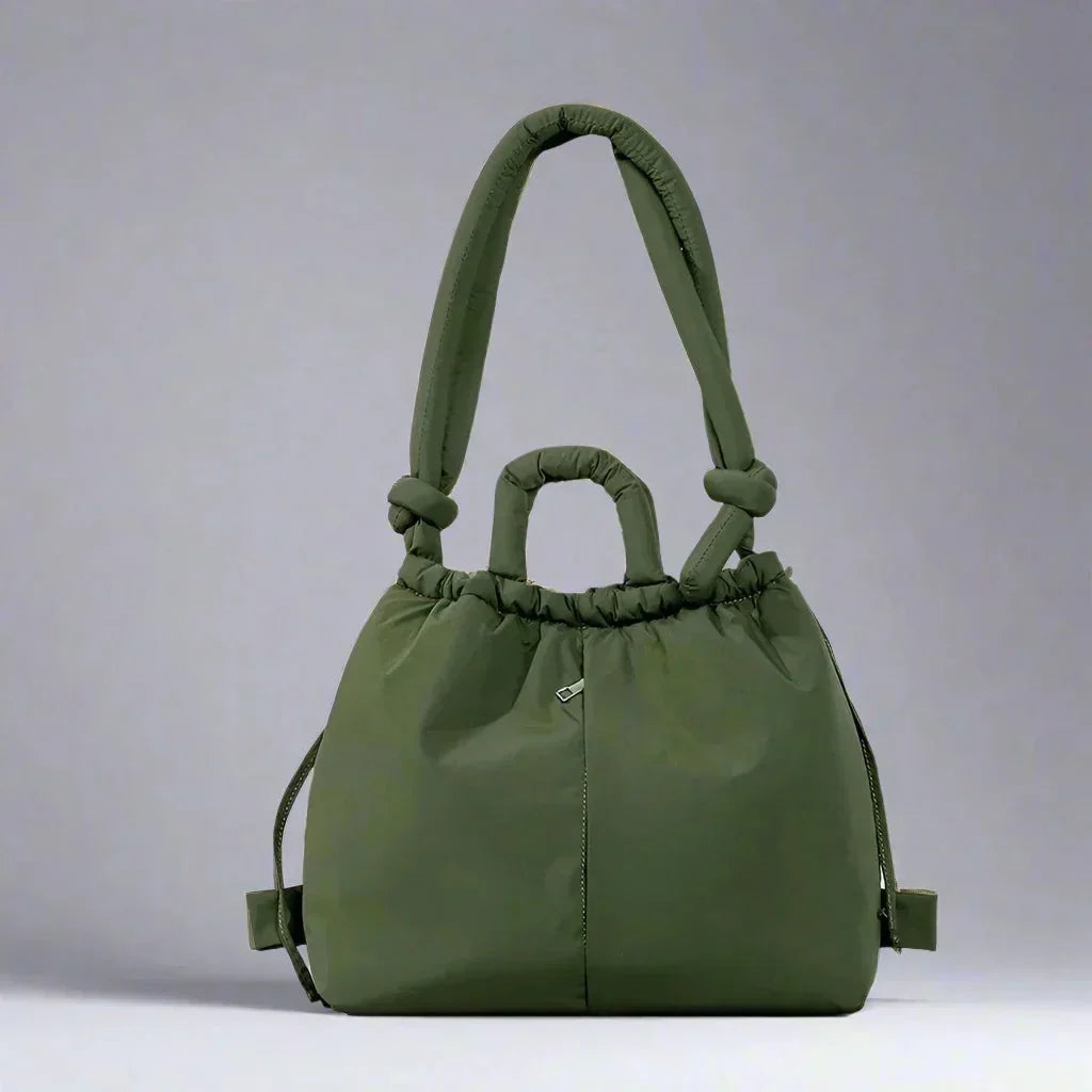 Lightweight women's quilted puffer tote bag, fashion-forward with a unique knot strap.