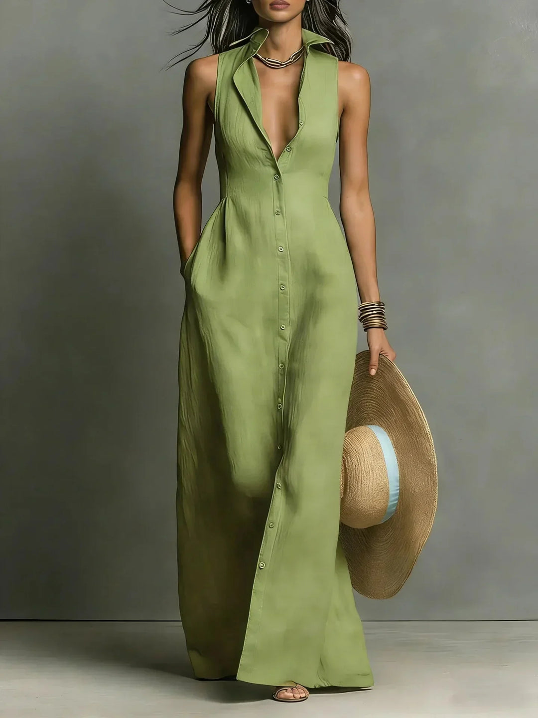 Modest fashion women's sleeveless maxi dress with a collared v-neck, button-down front, and pockets.