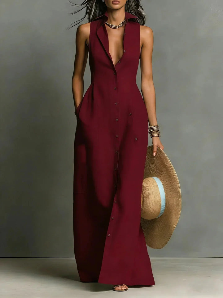 Women's sleeveless button-down maxi dress with collar, v-neck, and pockets. Perfect for summer casual wear.